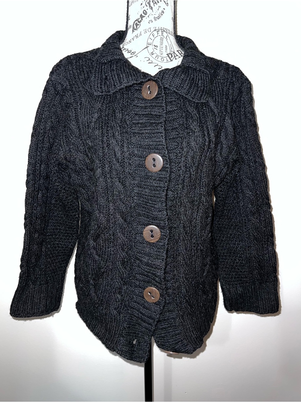 Peregrine England 100% Pure New Wool Chunky Cable Knit Cardigan Sweater Black L